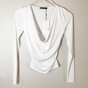NWT Zara Cowl Neck Draped Blouse White Lined Size S